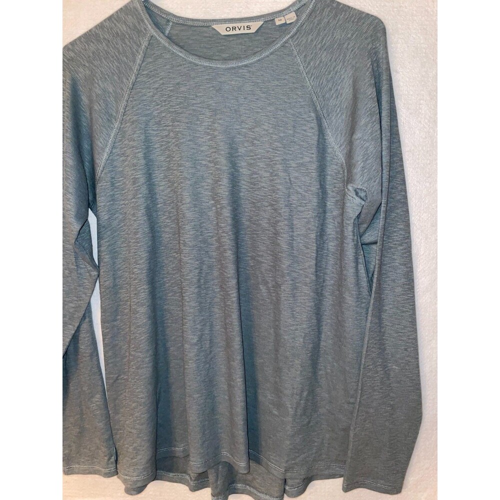 Orvis womens M crew neck gray blue ribbed long sleeve Top Pullover easy care